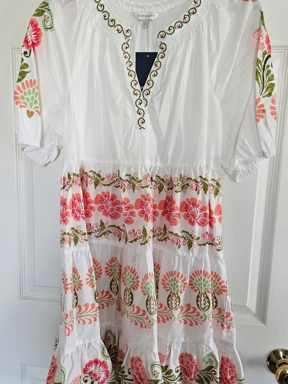 crown & ivy White Tiered Dress with Pink & Green Floral Embroidery